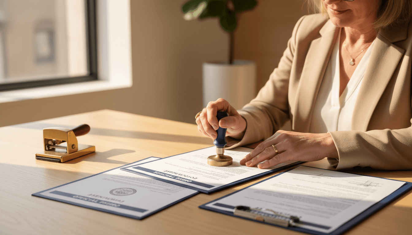 Professional notary stamping and signing documents at a modern desk with natural light