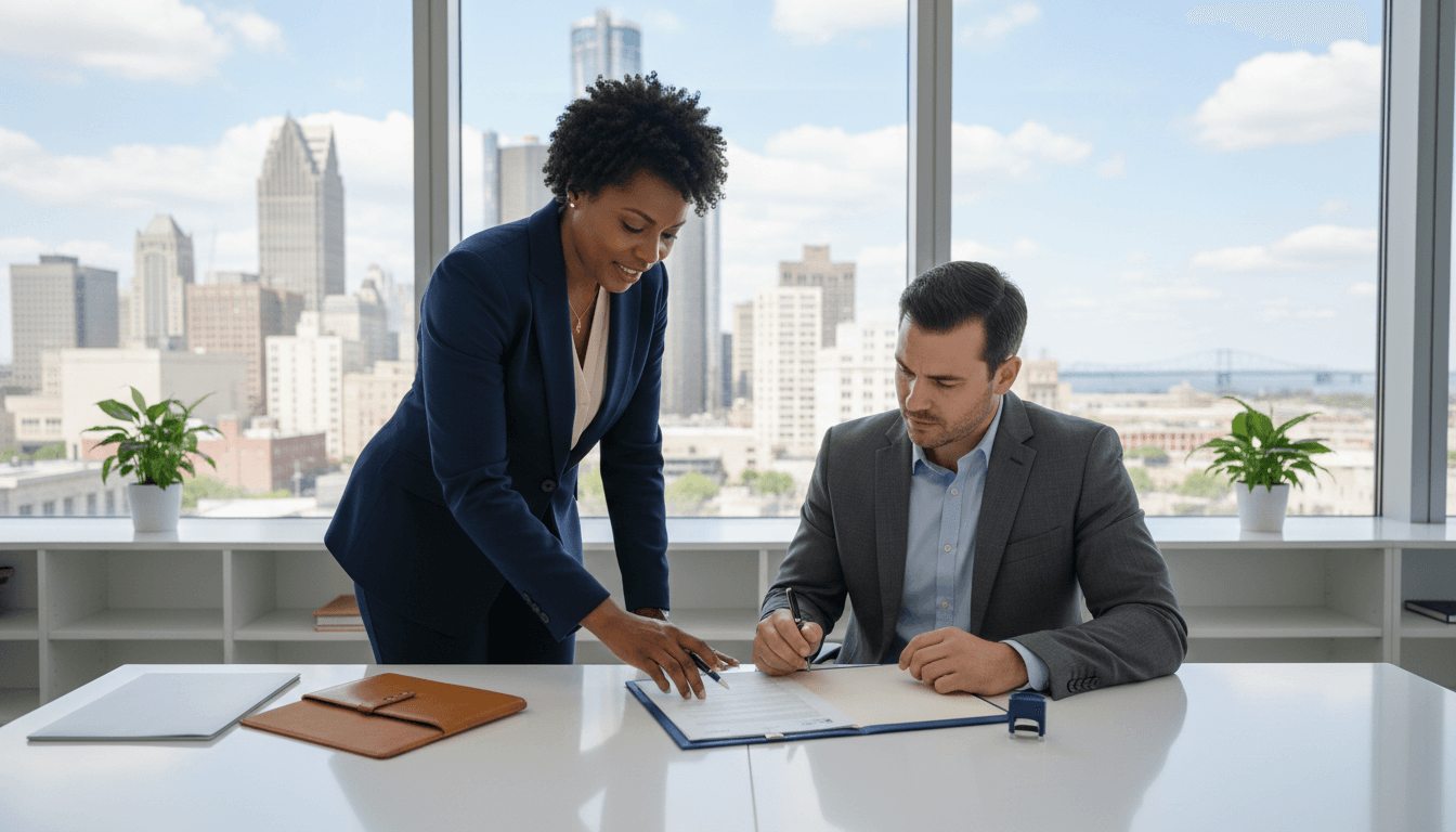 Mobile notary in a modern office reviewing documents with a client, Detroit skyline visible.