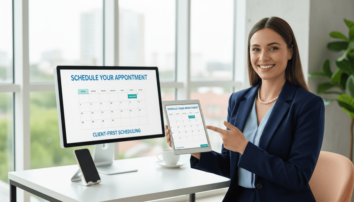 A bright, energetic lifestyle photograph of a calendar or scheduling interface displayed prominently, with a notary in professional attire smiling while interacting with it via tablet or phone.