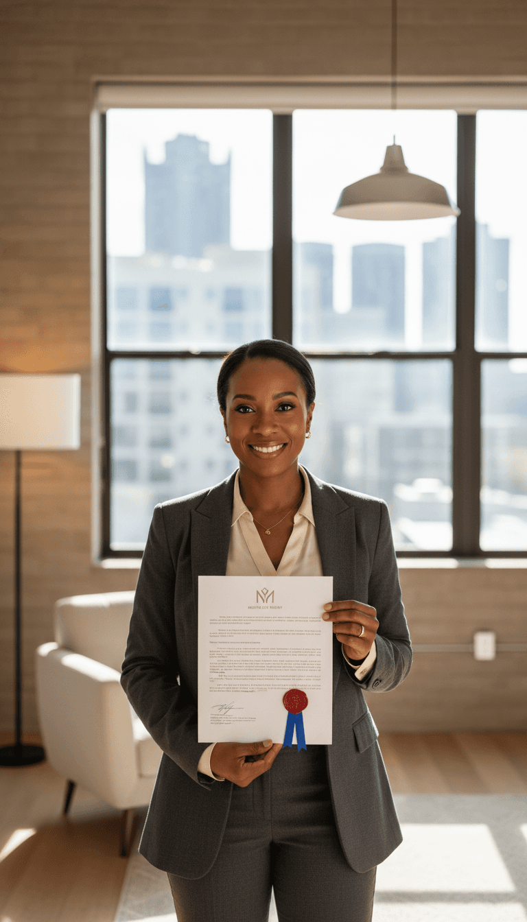 A professional notary public holding a completed notarized document
