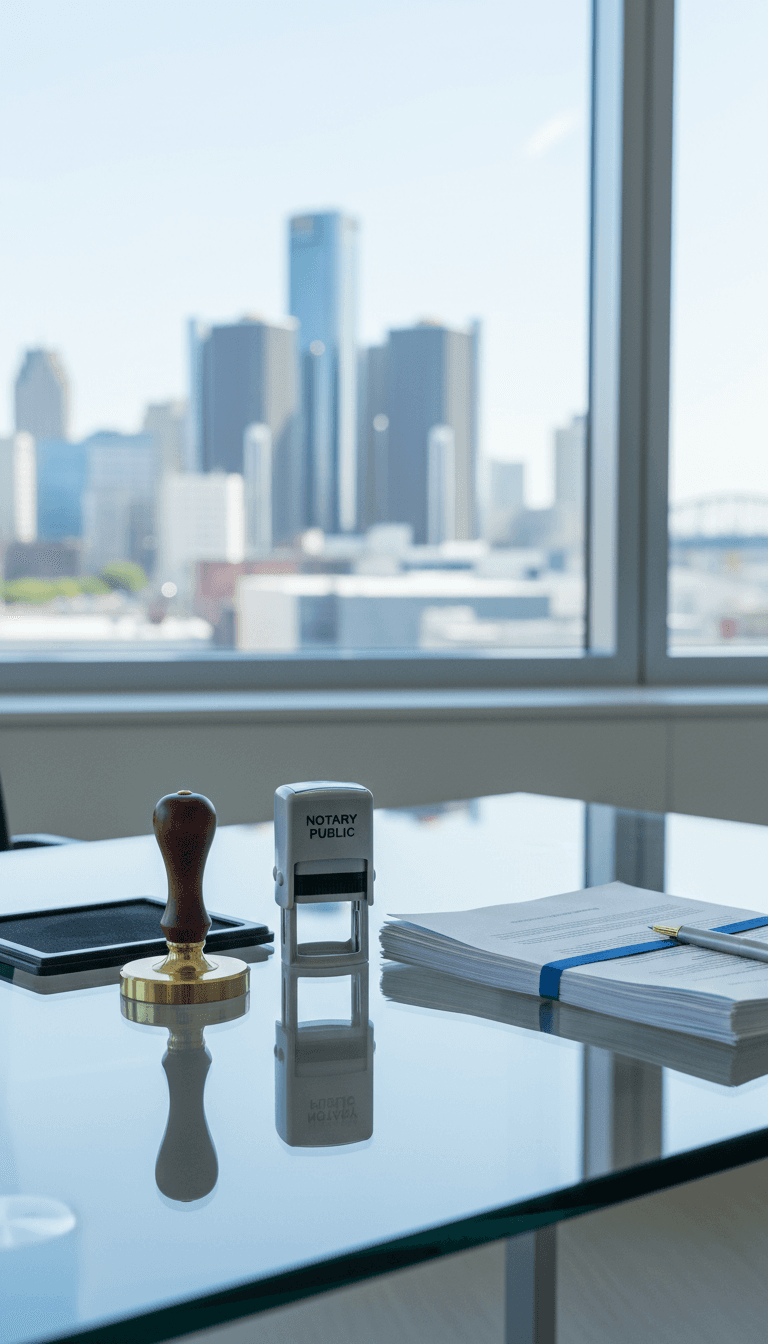 Modern notary workspace with glass desk and notary tools in bright office.