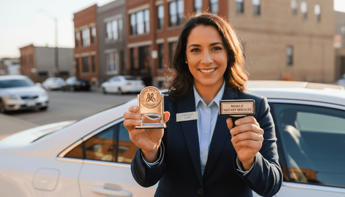 A professional notary holding official seal and stamp