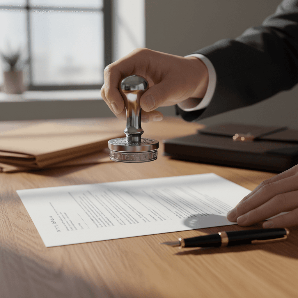 Professional notary public carefully reviewing and stamping a client's loan document at a wooden desk in a modern Detroit office