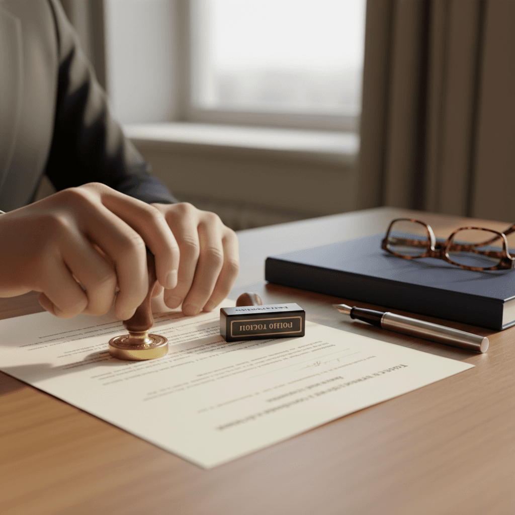 Notary stamping and reviewing loan signing documents on a desk