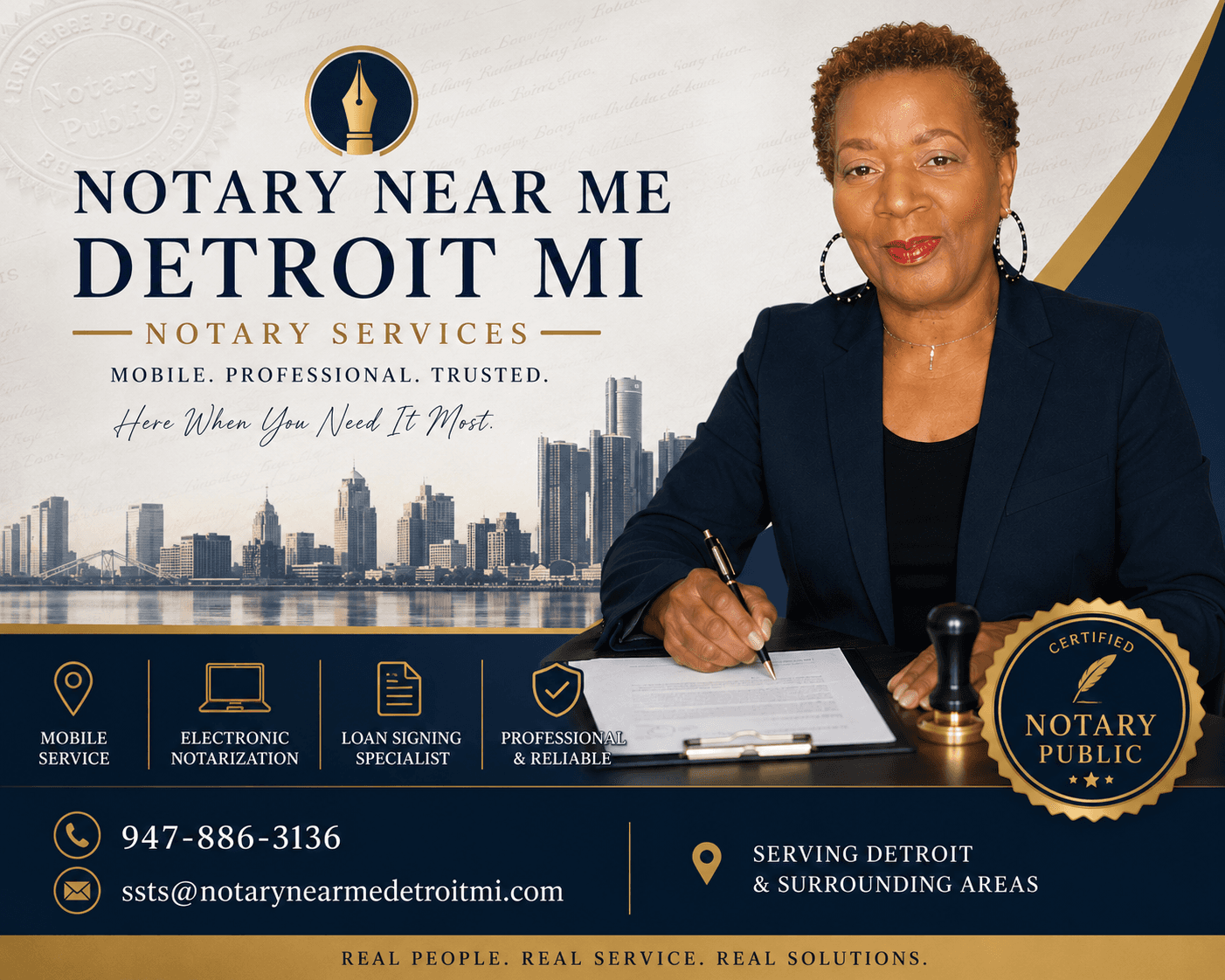 Notary services advertisement for Detroit featuring a professional woman signing documents against the city skyline.