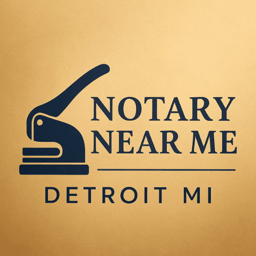 Notary Near Me Detroit MI logo featuring a dark blue embosser icon on gold background.