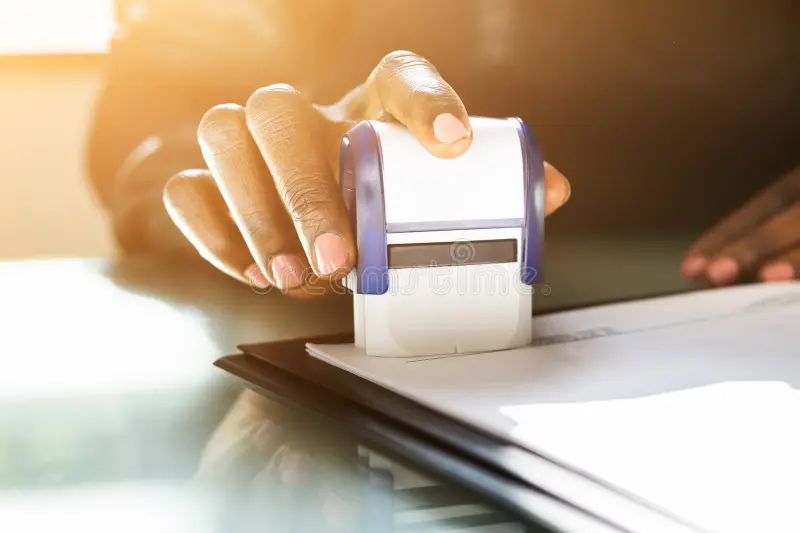 A hand pressing a self-inking stamp onto a white document in a sunlit office.